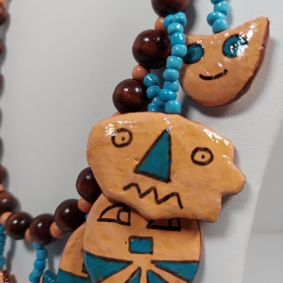 Vtg Hand Painted Wood Face Charm Necklace Southwest Tribal Mask Boho Bead Dangle - Picture 13 of 16
